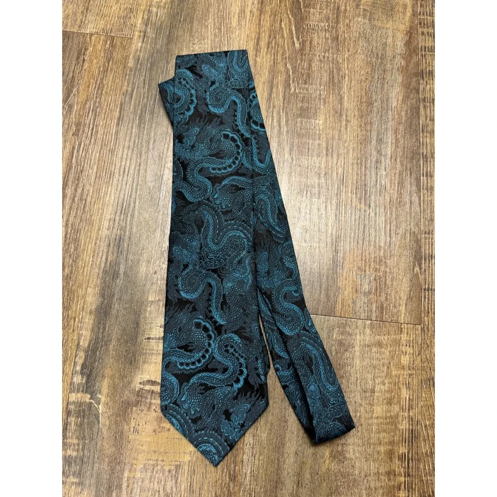 J. Ferrar Dragon Jacquard Necktie‎ Set Teal & Orange Woven Silk-Look Ties 2pc